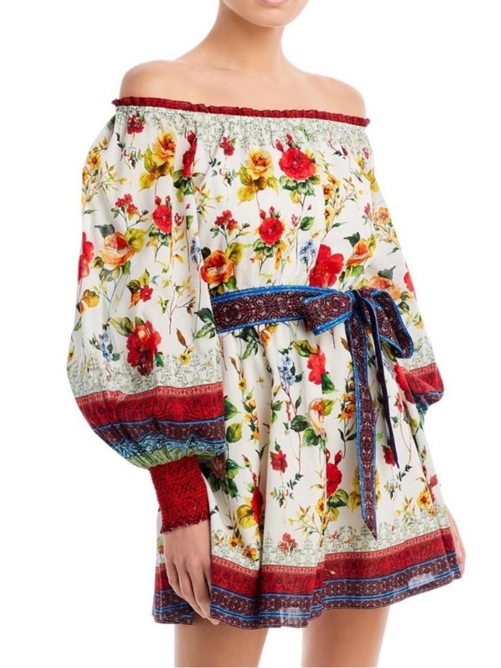 Alice and Olivia Off-Shoulder Floral Mini Skirt Dress in White with Red Accents